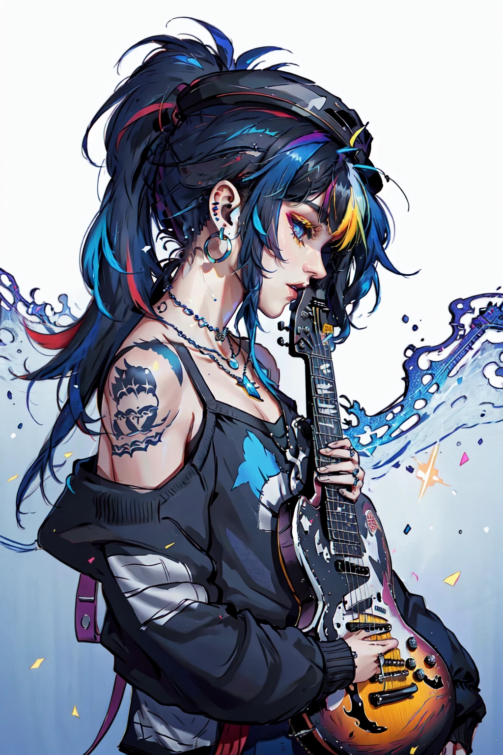 1girl, solo, black hair, hat, jewelry, jacket, ponytail, multicolored hair, earrings, necklace, off shoulder, from side, tattoo, profile, blue background, instrument, realistic, guitar, electric guitar 