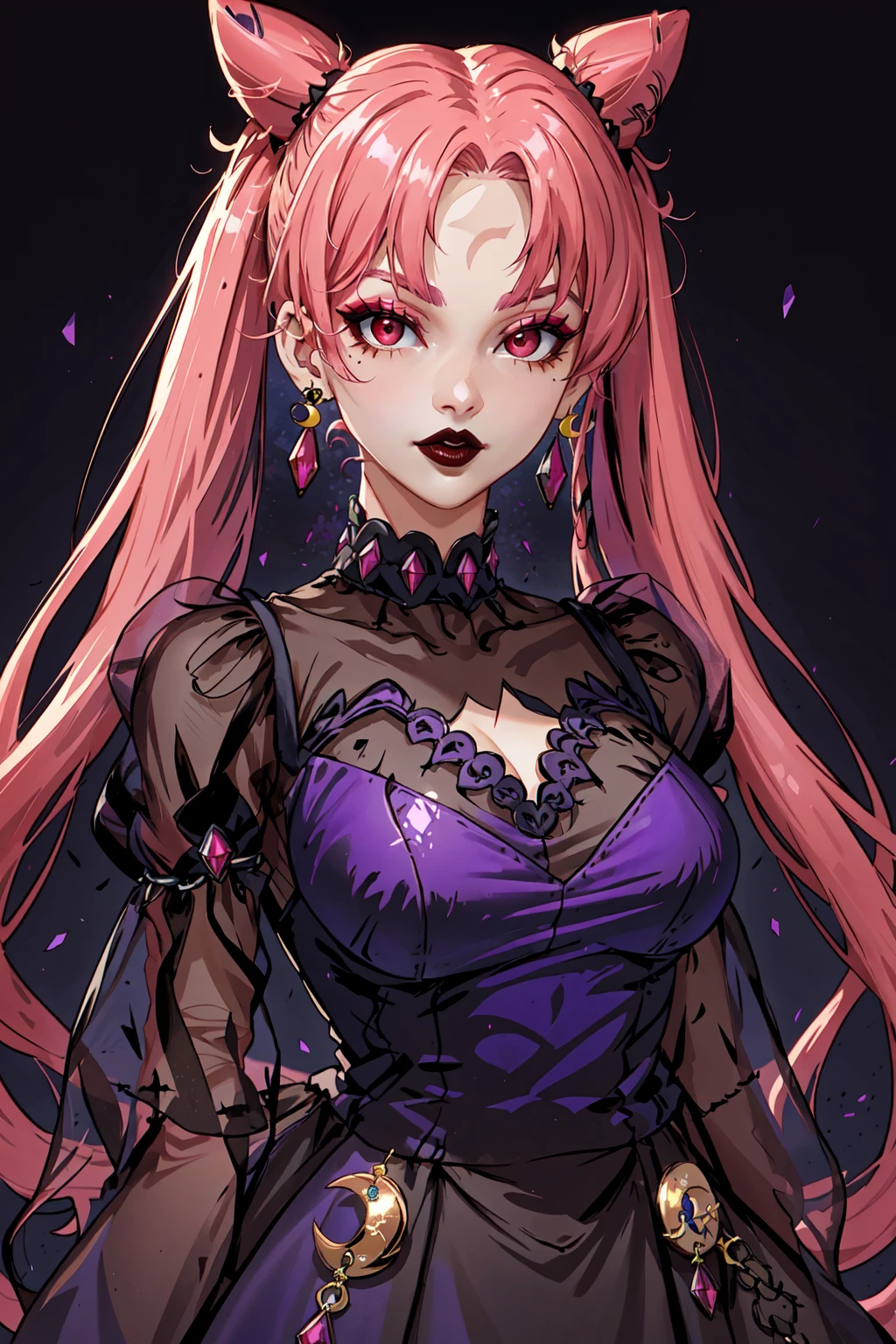 Dark_Lady, 1girl, solo, long hair, breasts, red eyes, dress, cleavage, twintails, jewelry, medium breasts, upper body, pink hair, earrings, hair bun, black dress, see-through, double bun, makeup, facial mark, lipstick, crescent, purple background, aged up, forehead mark, red lips, cone hair bun, crescent facial mark, crystal earrings, 