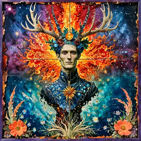 a painting of a man with antlers and flowers in his hair