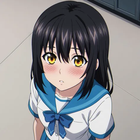 <lora:HYukinaV4XL:0.8>,
looking at viewer,blush,looking up,parted lips,
solo,
hyukinav4xl,1girl,black hair,long hair,yellow eyes,
school uniform,serafuku,blue sailor collar,white shirt,blue bowtie,short sleeves,blue skirt,miniskirt,pleated skirt,from above,