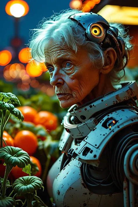 Portrait of an elderly cyborg woman, her face a beautiful blend of human and machine, her metal eyeballs glow softly in the night, she is gardening in a rooftop oasis amidst a dystopian cityscape, towering vegetables growing efficiently, with a (soft focus...