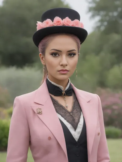 realistic,photo realistic,photography,hyperrealistic,8k,uhd,Fuji Xt3,type of Maori facial type women in Clothing Tailcoats and top hats (for men),(Clothing color Pink,:1.1)with elaborate decorations style brooches in a garden,hair color Honey,hair cut Moha...