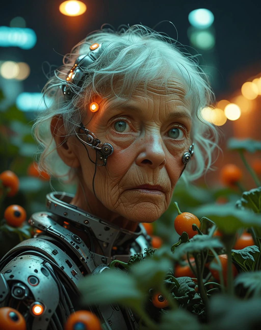 Portrait oF an elderly cyborg woman, her Face a beautiFul blend oF human and machine, her metal eyeballs glow soFtly in the night, she is gardening in a rooFtop oasis amidst a dystopian cityscape, towering vegetables growing eFFiciently, 和 (soFt Focus:1.2), (F_站 4.0), (Focal_长度50mm), showcasing a serene moment oF nature and technology coexisting, captured 和 (佳能 EOS R5), 强调希望和连续性 