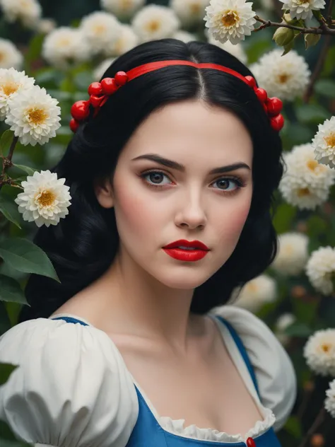a close-up of a gorgeous beautiful bombastic snow white in an image filled with deep darks in the style of an analog film grain, hdr, extremely detailed, 8k, 35mm photograph, background with flowers, amazing natural lighting, brilliant composition