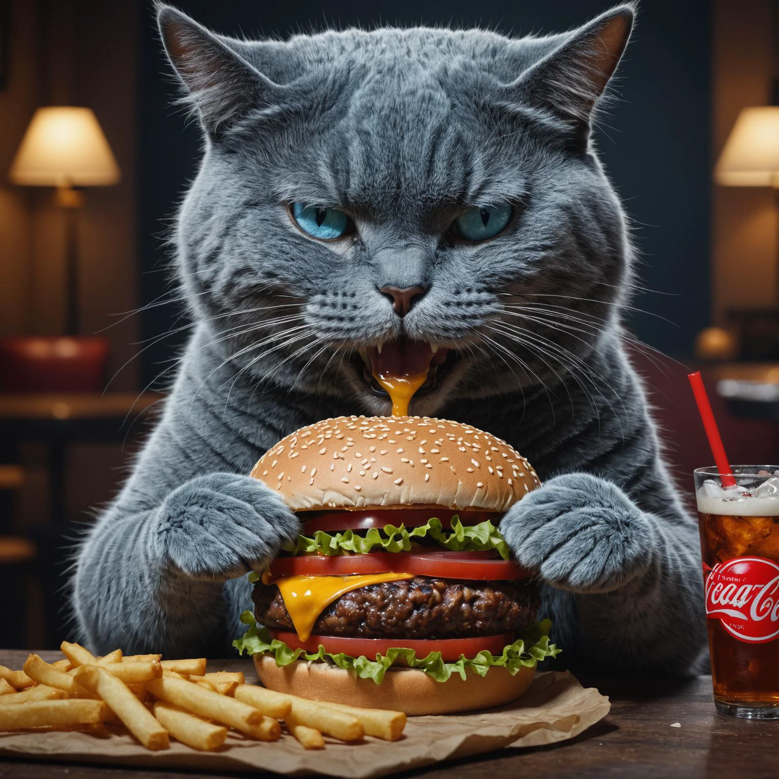 蓝猫吃汉堡喝可乐, RAW 照片, 最好的质量, 超现实主义, 极其详细, 小插图, 非常详细, 高预算, 喜怒无常, 史诗, 华丽的, 胶片颗粒