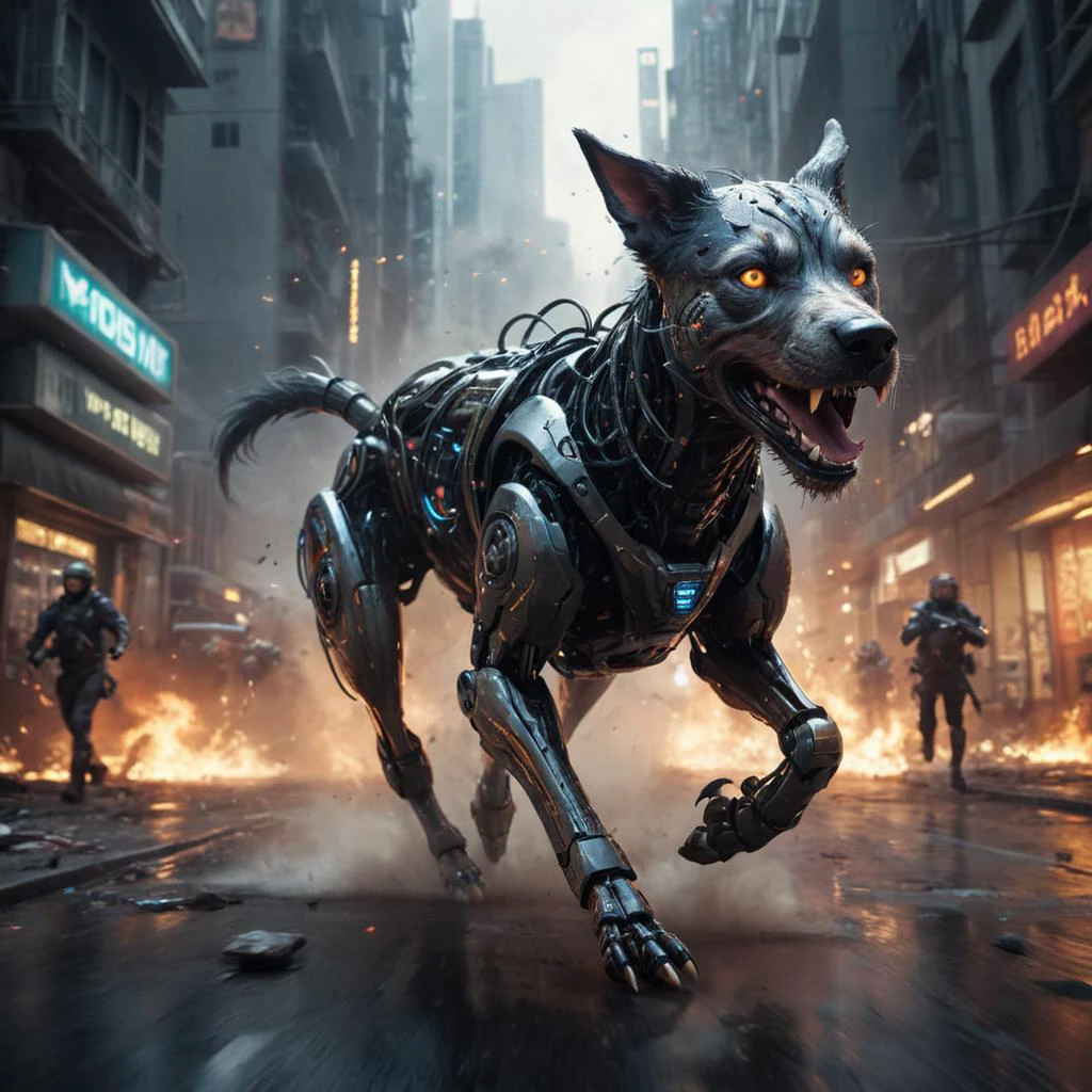 用数码单反相机拍摄的一只来自地狱的恶魔般的机器狗 (内在细节) 执行救援任务, 冲刺未来城市, 运动模糊, 电影氛围