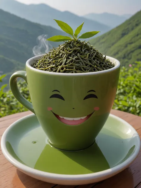 a happy leaf (smiling:1.2) while bathing in a large cup of hot steaming green tea on the hills of Amunthra