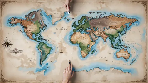 photo realistic parchment map of a fantasy world with two continents and large oceans, Photograph