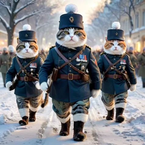 three cats dressed in military uniforms walking down a snowy street