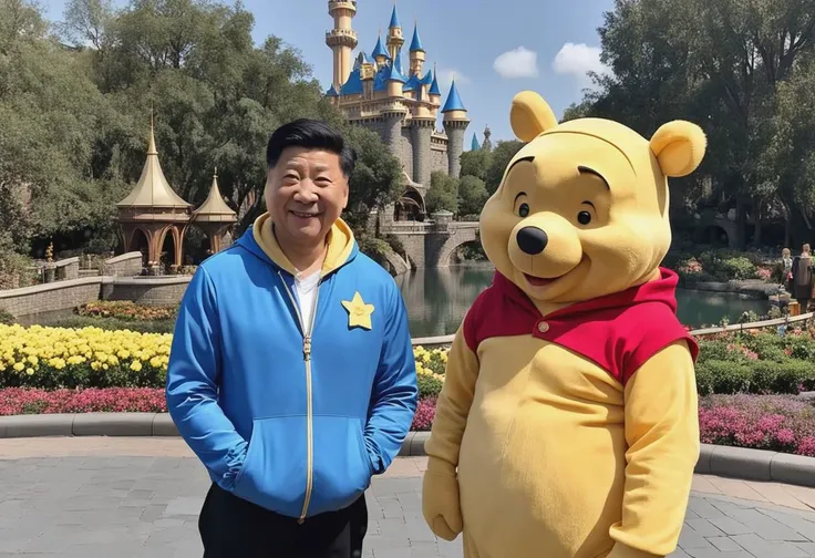 araffe and a man in a blue jacket standing next to a winnie the pooh