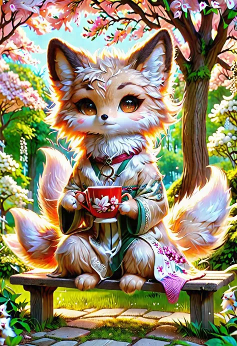 kitsune, ral-fluff, sitting on a bench under a large blooming tree drinking tea, <lora:kitsune-sdxl:1>, <lora:ral-fluff-dxl:1>, ...