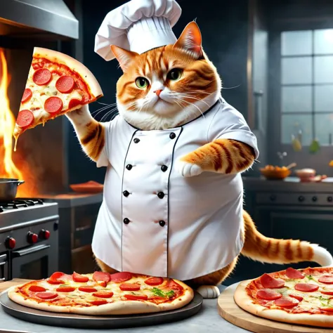 (full body), ((fat cat)), cook, in chef's clothes, prepares pizza, hyper-detailed, hyper-realism, sharp frame, cinematic, (background action-packed), lit <lora:lit:1>