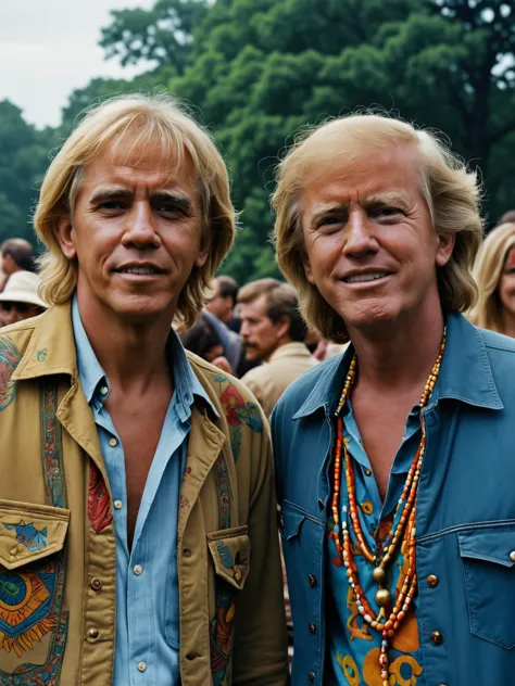 obama and trump as hippies in the 1960s, extremely detailed, 8k, 35mm photograph, amazing natural lighting, brilliant composition,