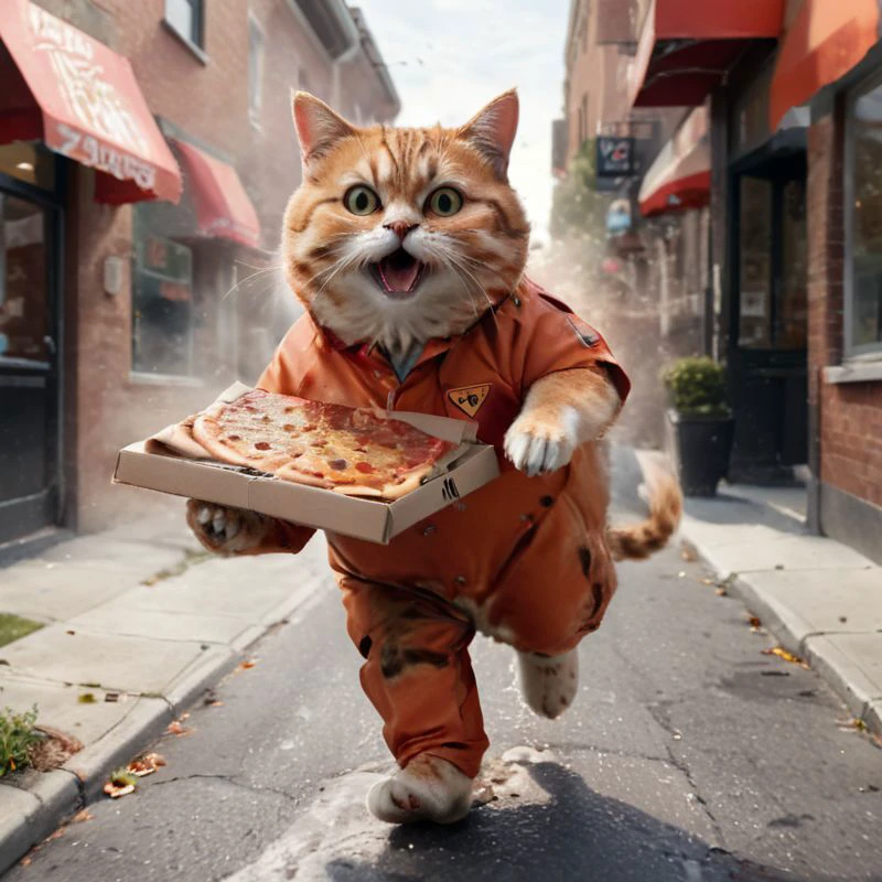 ((全身)), 穿着披萨送货员服装的肥猫, 沿街奔跑, 爪子里的披萨盒, 行动中 动感十足的背景, 電影, 高品质细节, 高度真实感, 明亮的对比色