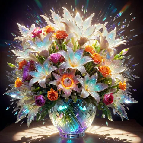 Bouquet of flowers luminism, highly detailed, Realism, dynamic lighting, intricated pose, highly detailed intricated, Broken Glass effect, stunning, iridescent and luminescent scales, breathtaking beauty, pure perfection, divine presence, unforgettable, im...