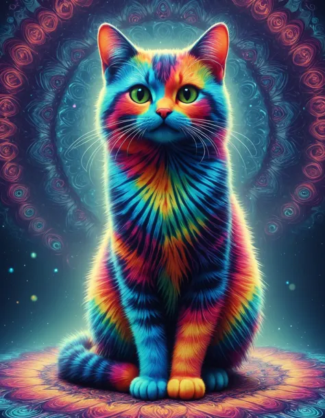 <lora:EPtiedyeworldSDXL-15:1> , blurry background, hyper detailed, EPtiedyeworld, psychedelic, funky, retro, multicoloured,  an adorable cat holding a fish