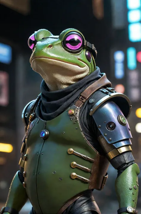 a cyberpunk frog, hipster, battle mage, cyberpunk armor, undefined