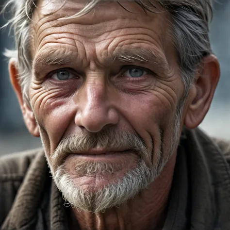 weathered, elderly man, deep creases, time-worn, weather-beaten, aged appearance, rugged jawline, thick salt-and-pepper beard, stubble, solitude etched on his face, contemplative expression, intense gaze, visible signs of a life well-lived, intricate network of scars and blemishes, intricate mechanical structures peeking through damaged skin, complex system of artificial nerves, intertwining wires and circuits, eyes filled with profound wisdom, wrinkles etched deeply, weariness evident in his features, tears glistening in his eyes, hyper-realistic portrayal, close-up view emphasizing every detail, Photorealistic, Hyperrealistic, Hyperdetailed, film noir, analog style, hip cocked, demure, low cut, black lace, detailed skin, pores, smirk, smiling eyes, matte skin, outdoor cafe, soft lighting, subsurface scattering, realistic, heavy shadow, b&w, masterpiece, best quality, ultra realistic, 8k, golden ratio, Intricate, High Detail, film photography, soft focus,