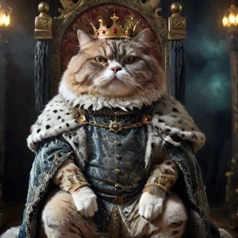 araffe cat dressed as king sitting on throne with crown