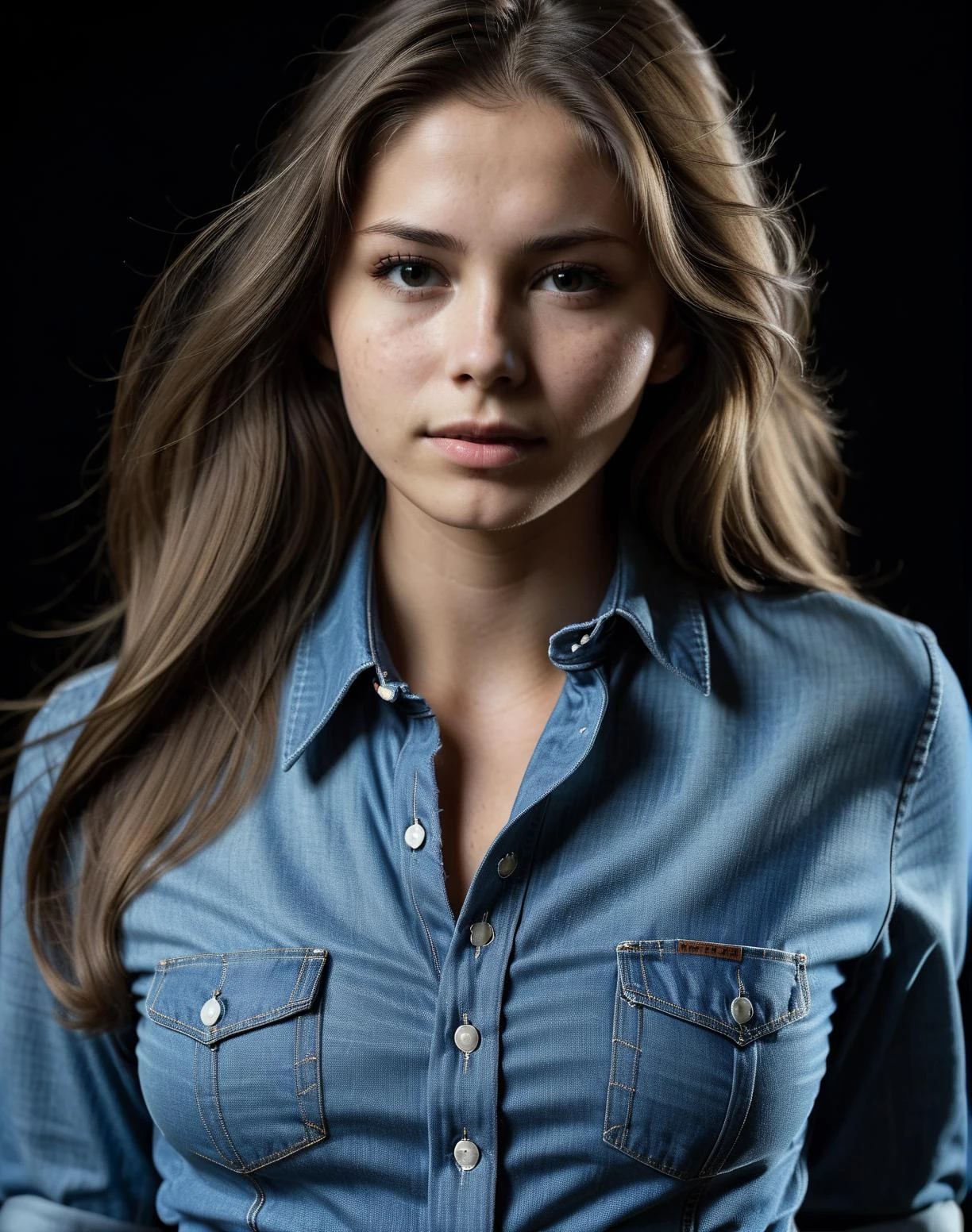an image of the best quality showing a girl with long hair and medium breast in a collared denim blouse, her face and torso have detailed skin and soft pores are visible, RAW, depth of field, low key, in the dark