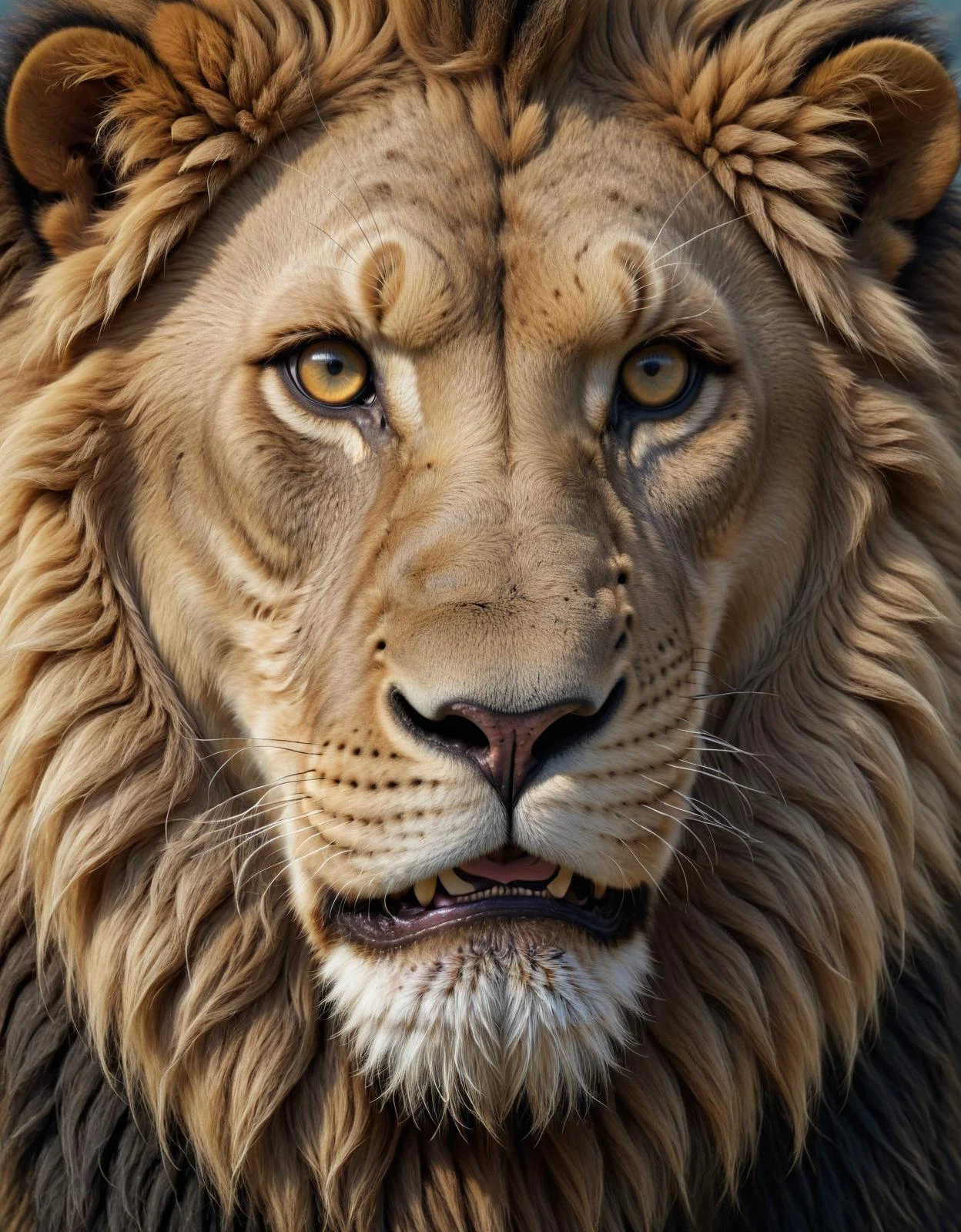 美丽的 3D 渲染，一只极简主义的狮子，凝视着眼睛，享受着轻松愉快的满足感，一幅高度详细的幻想肖像, 8K 及以上高清画质，细节丰富，品质完美, 模拟粗糙的纹理和粗糙的胶片颗粒