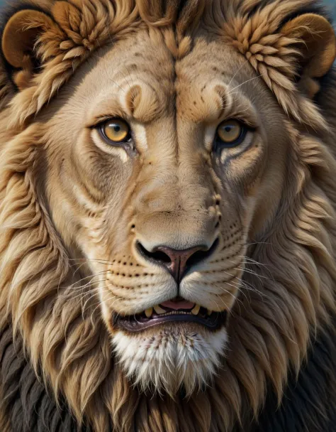 beautiful 3D render of a maximalist lion considering lighthearted satisfactions with gazing eyes a highly detailed fantasy portrait, an image of immaculate quality and with stunning detail in high definition 8K and beyond, analog rugged quality of textures...