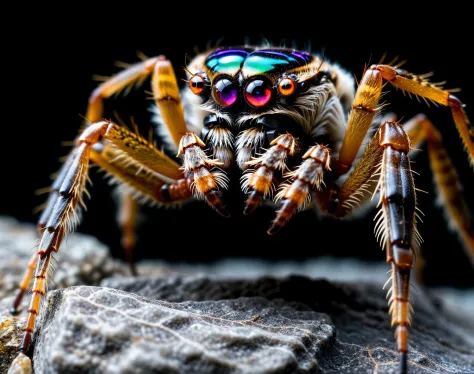 an image of the best quality showing extreme macro close-up side view photograph of a (wolf spider:1.2) on a rock, biomechanical (cyborg:1.1) enhancements, robotic animal, robot, beautiful, organic details, fine hair, focus stacking, iridescent, (mecha:0.7...