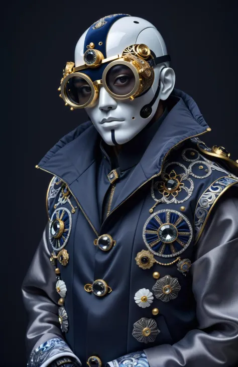 a fashion photoshoot of a samuraj robot man wearing a weird futuristic mask, hyper maximalist, intricate small miniscule detailed details, (eyes hidden behind weird mask googles that are glasses made of black diamond with glass decorated in ornate korean s...