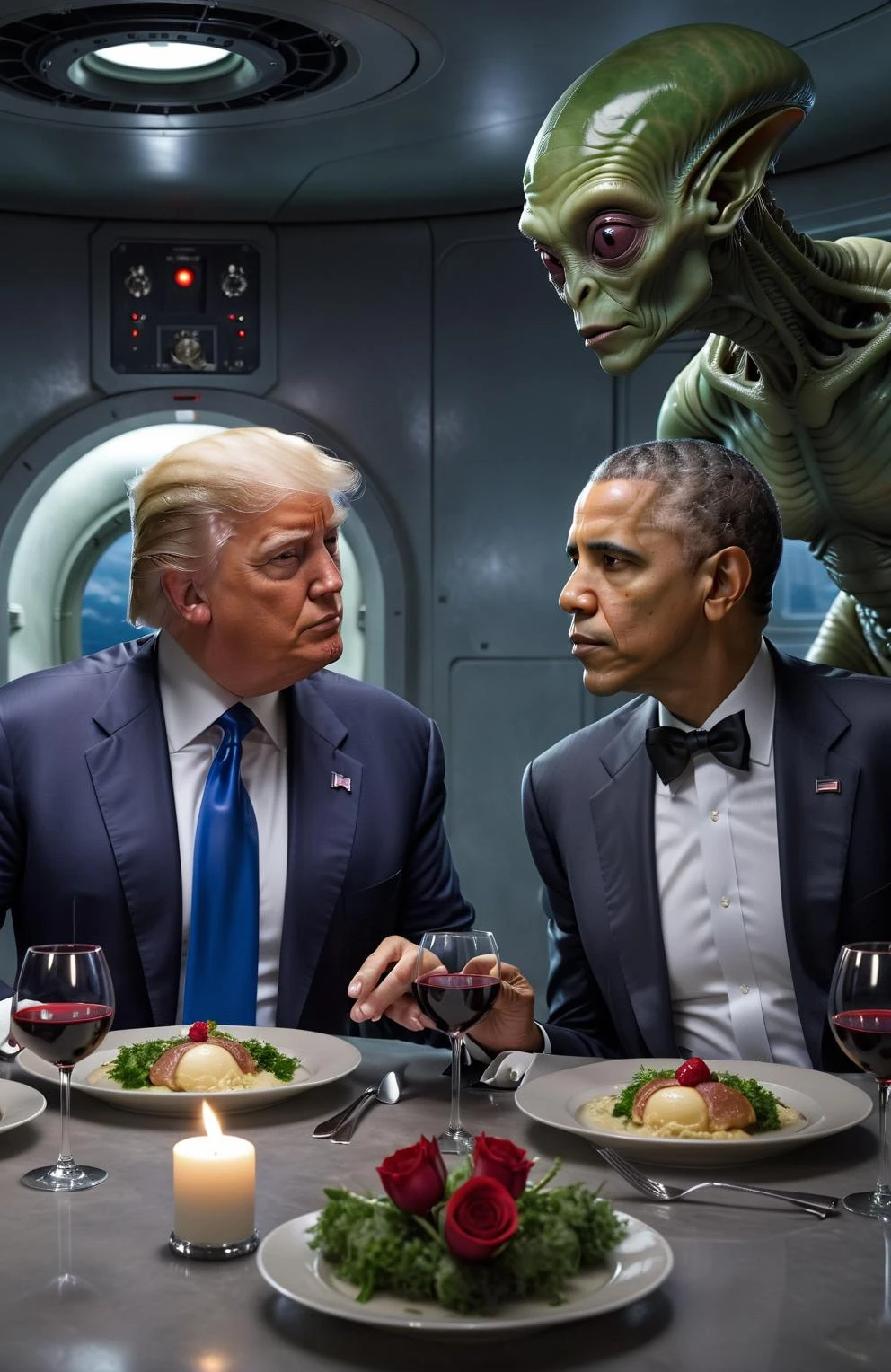 巴拉克·奥巴马和唐纳德·特朗普在政府秘密掩体中与外星人共进浪漫晚餐