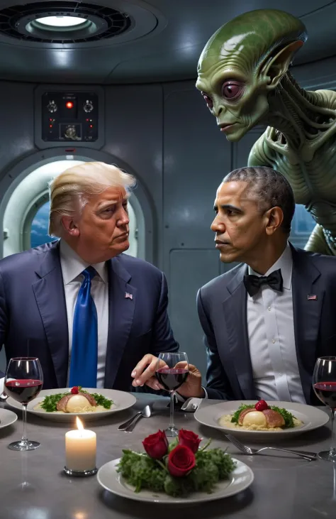 Barack Obama and Donald Trump having a romantic dinner with an alien in a secret government bunker