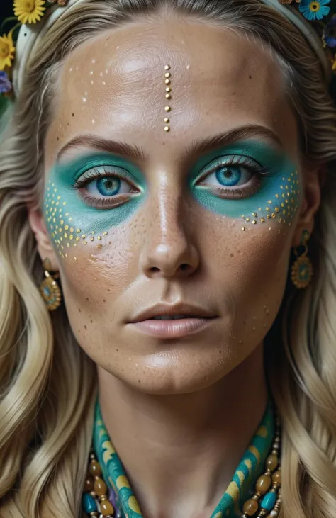 documentary portrait of maximalist detailed creative Swedish woman as a psychedelic meditation, skin texture, (pores:0.8), (freckles:0.8), natural beauty, expressive eyes tell a story