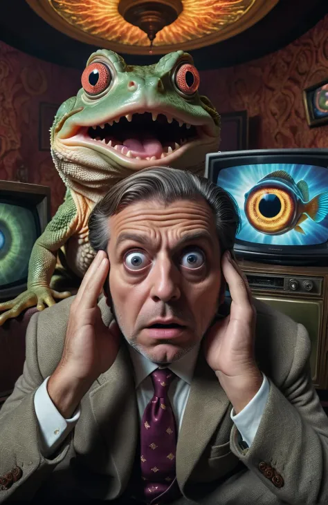 a fisheye photograph of a brainwashed man citizen in a maximalist photograph sitting with hypnotoad hypnotized eyes in a cough watching a giant TV with news on, confused, scared, dodge and burn, hyperrealistic, rugged, 32K details