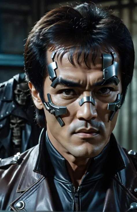 a maximalist creative photograph of Bruce Lee as the Terminator, leather jacket, expressive eyes tell a story