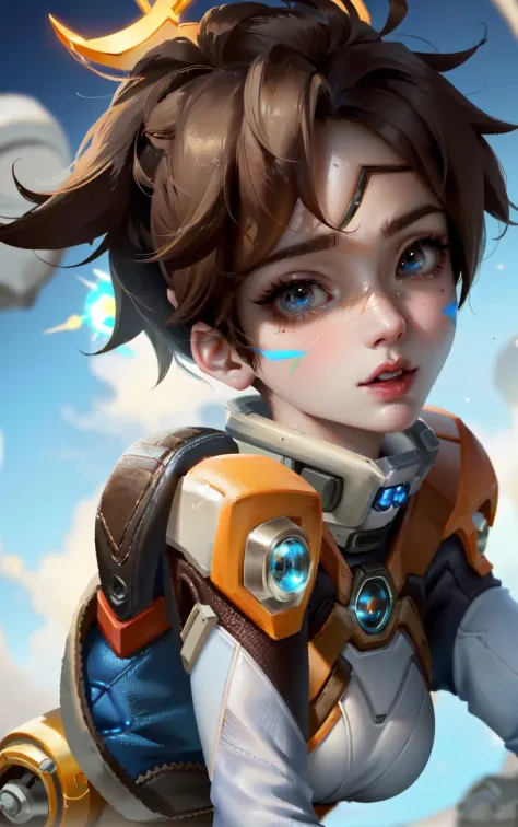 1girl, solo focus, skin imperfection, skindentation, perfect face, puffy face, beautiful face, big eyes, puffy eyes, perfect eyes, eyelashes, Tracer from overwatch