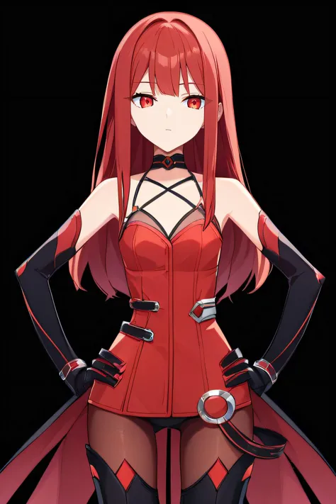 score_9, score_8_up, score_7_up, source_anime, rating_safe, intricate details, anime screencap, official style,  <lora:Crimson_Avenger:1>, Elesis, red hair, long hair, red eyes, thighhighs, gloves, choker, collarbone, bare shoulders, red vest, black elbow gloves, thigh boots, pantyhose, looking at viewer, cowboy shot, simple background, standing, black background, expressionless, hands on hips