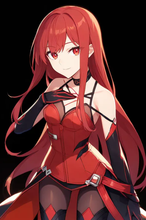 a woman with long red hair and a red dress holding a sword