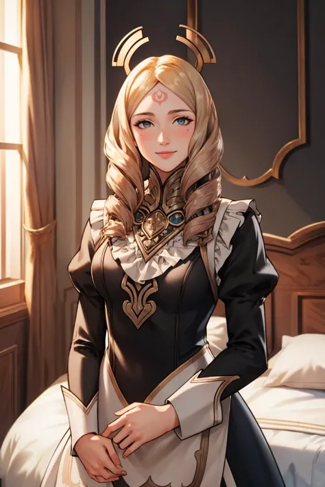 masterpiece, best quality, emmeryn, forehead mark, fates maid, bedroom, smile, bed, looking at viewer, cowboy shot <lora:emmeryn...
