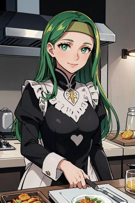 masterpiece, best quality, syrene, green eyes, headband, fates maid, kitchen, upper body, cooking, smile <lora:syrene-nvwls-v1-0...