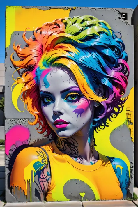 Mulheres grafitadas no estilo de Tom Whalen, cabelo arco-írisconrtneo, néon, Concreto, obra de arte, melhor qualidade, resolução ultra alta, (photorealista, realista:1.2), sombra profunda, Foto CRU, grão de filme, Fujifilm XT3, 8k hd, DSLR