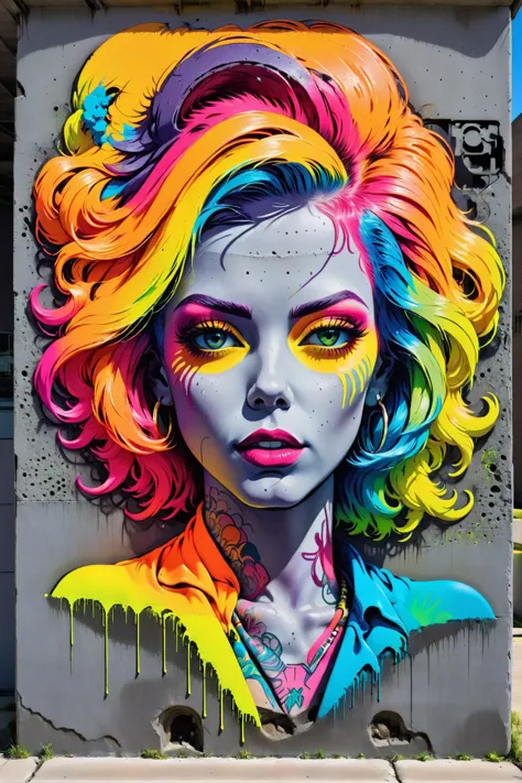 Mulheres grafitadas no estilo de Tom Whalen, cabelo arco-írisconrtneo, néon, Concreto, obra de arte, melhor qualidade, resolução ultra alta, (photorealista, realista:1.2), sombra profunda, Foto CRU, grão de filme, Fujifilm XT3, 8k hd, DSLR