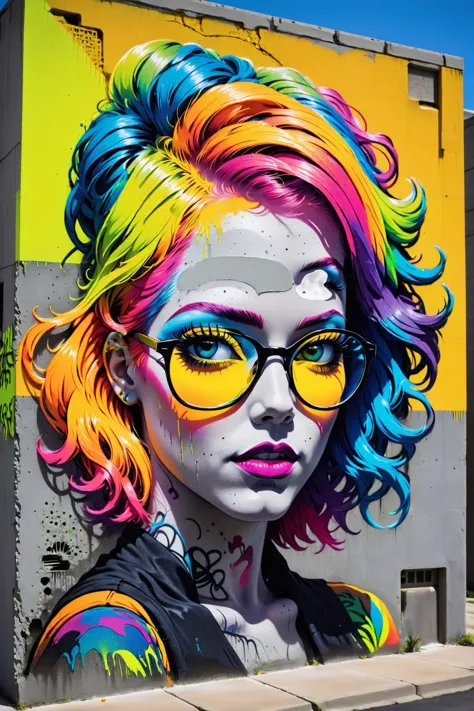 femme au graffiti dans le style de Tom Whalen, cheveux arc-en-ciel, néon, béton, chef-d&#39;œuvre, Meilleure qualité, ultra haute résolution, (photoRéaliste, Réaliste:1.2), ombre profonde, photo brute, grain de film, Fujifilm XT3, 8k euh, Reflex numérique