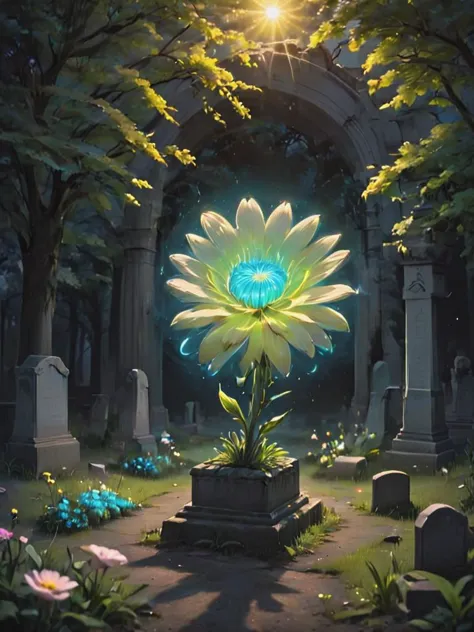 letitflrsh, (let it flourish), angelic being neon flowers on a graveyard, radiating light, illumination, atmospheric, scale, ord...