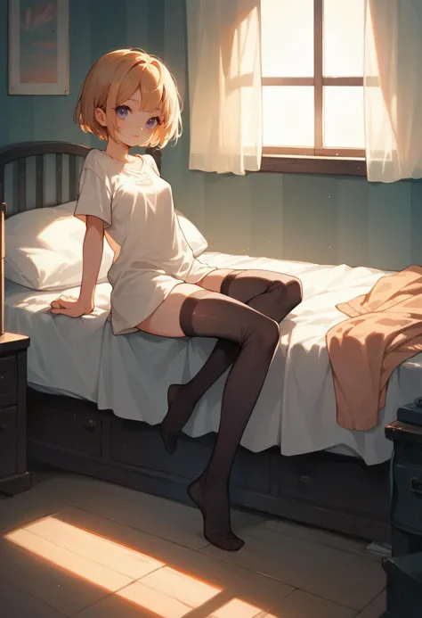 source_anime, score_9,score_8_up,score_7_up,score_6_up,score_5_up,score_4_up, newest, 1girl, cute, solo, full body, small breasts, bedroom, thighhighs, soft lighting, warm lighting,