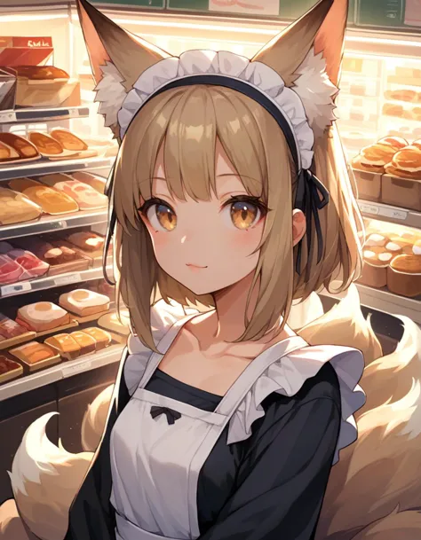 anime girl with a cat ears and a cat tail in front of a bakery