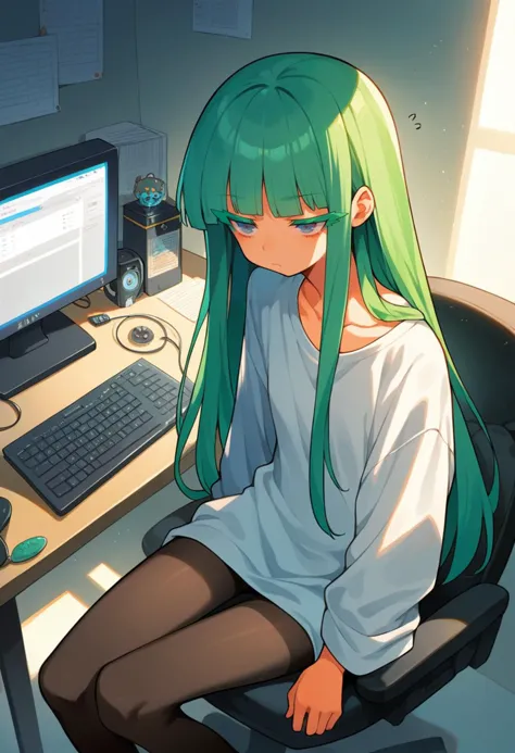 anime girl sitting in front of a computer desk with a keyboard