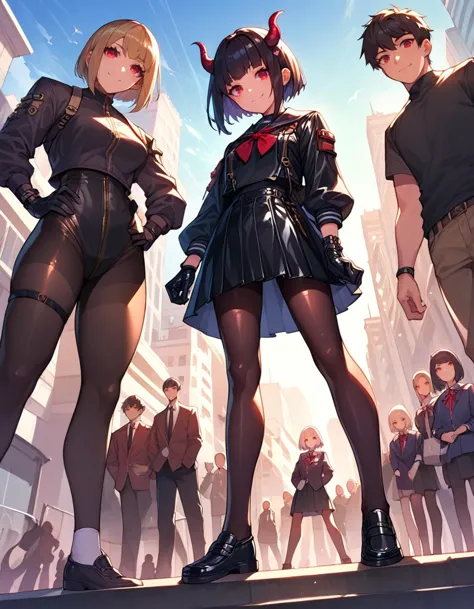 anime characters standing in a crowded city street with a crowd of people