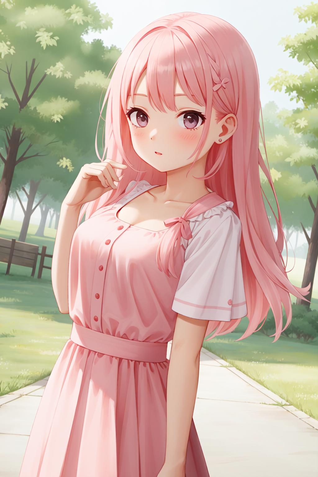 Anime girl with pink hair and pink dress standing in a park - SeaArt AI