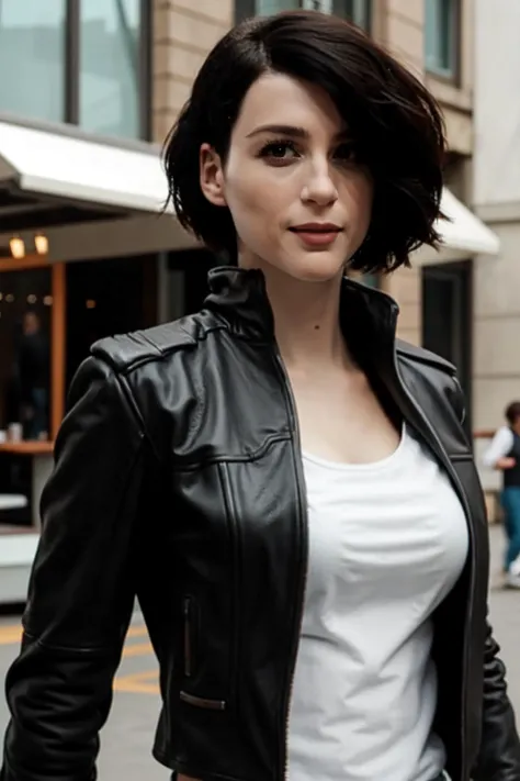 araffe woman in a black leather jacket and white shirt