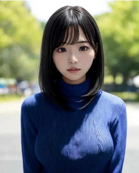 pureerosface_v1:0.3, best quality, photorealistic, 8k, high res, full color, 1girl, woman, 20 years old woman, (skindentation), (portrait:0.6), trees, park bench, daylight, ((park background:1.52)), full color, ((necksweater:1.68)), looking at viewer:1.8, (1girl eyes looking at viewer:1.55), (short-length hair, blackhair, partedbangs:1.45), (bokeh), <lora:AAV-hongo:0.7>