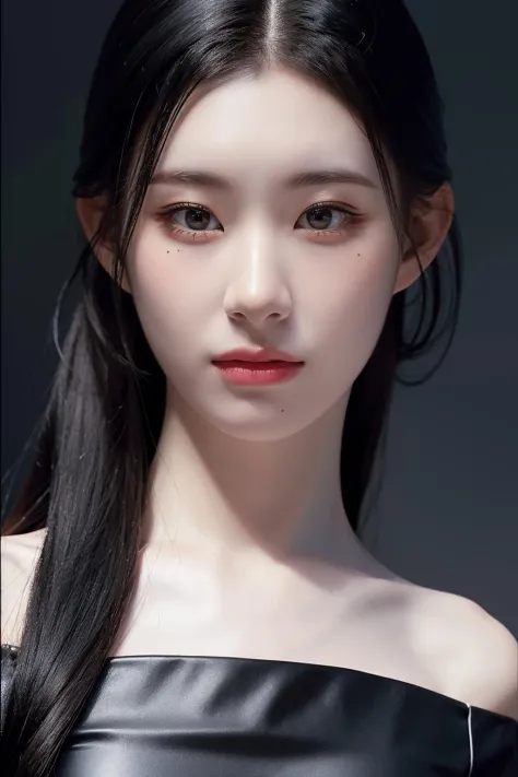 Best quality, masterpiece, ultra high res, (photorealistic:1.4), raw photo,1girl, solo, realistic, looking at viewer, close-up,simple background, black dress, off shoulder